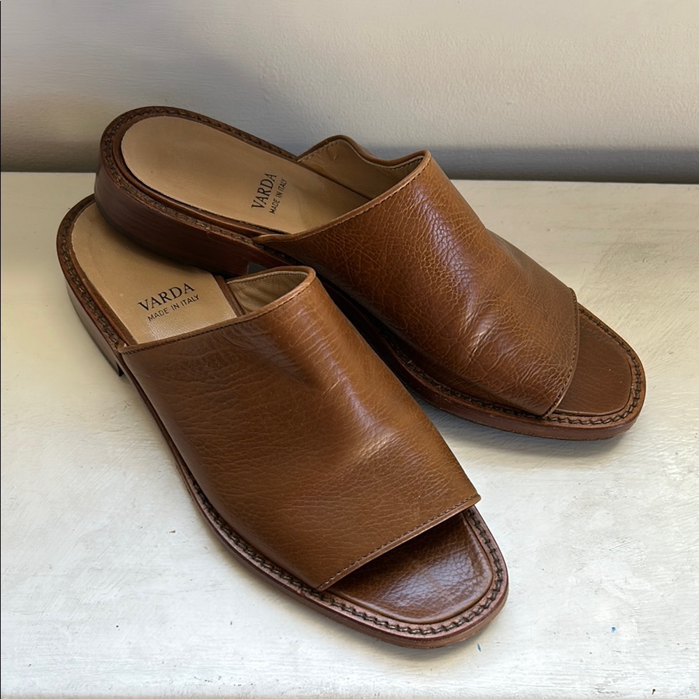 Vero Cuoio Italian Leather Brown Slide Sandals with Low Heel